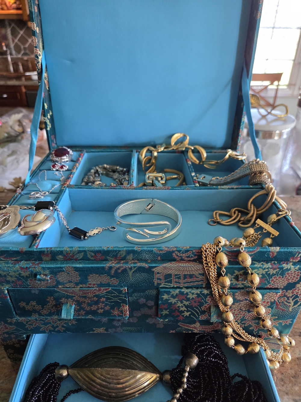 Large Teal Brocade Jewelry Box with Asian Motif With Vintage Jewely